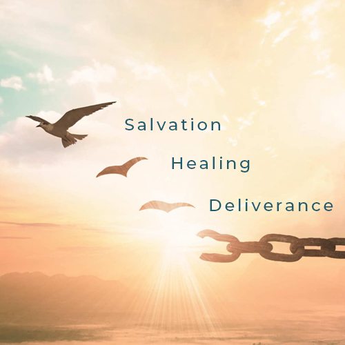 Image depicting 3 doves breaking free from a chain with the words "Salvation, Healing, Deliverance" next to each bird.